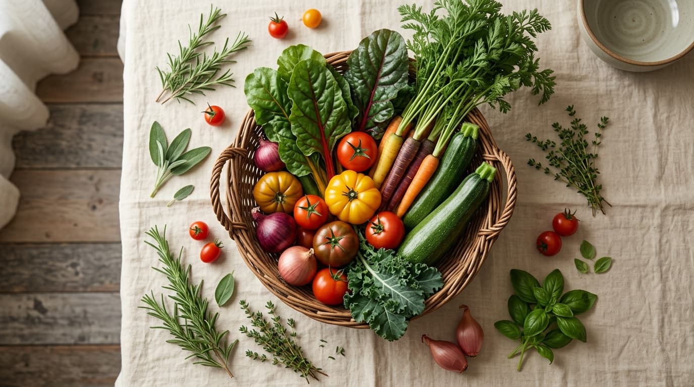 Rustic basket of fresh vegetables on a linen surface